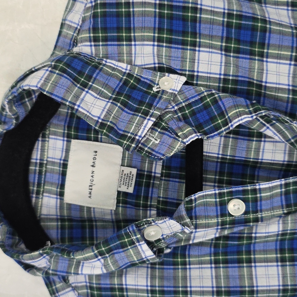 American Eagle Shirt Blue Plaid Casual Button-Front Long Sleeve Men's XS - Picture 2 of 8